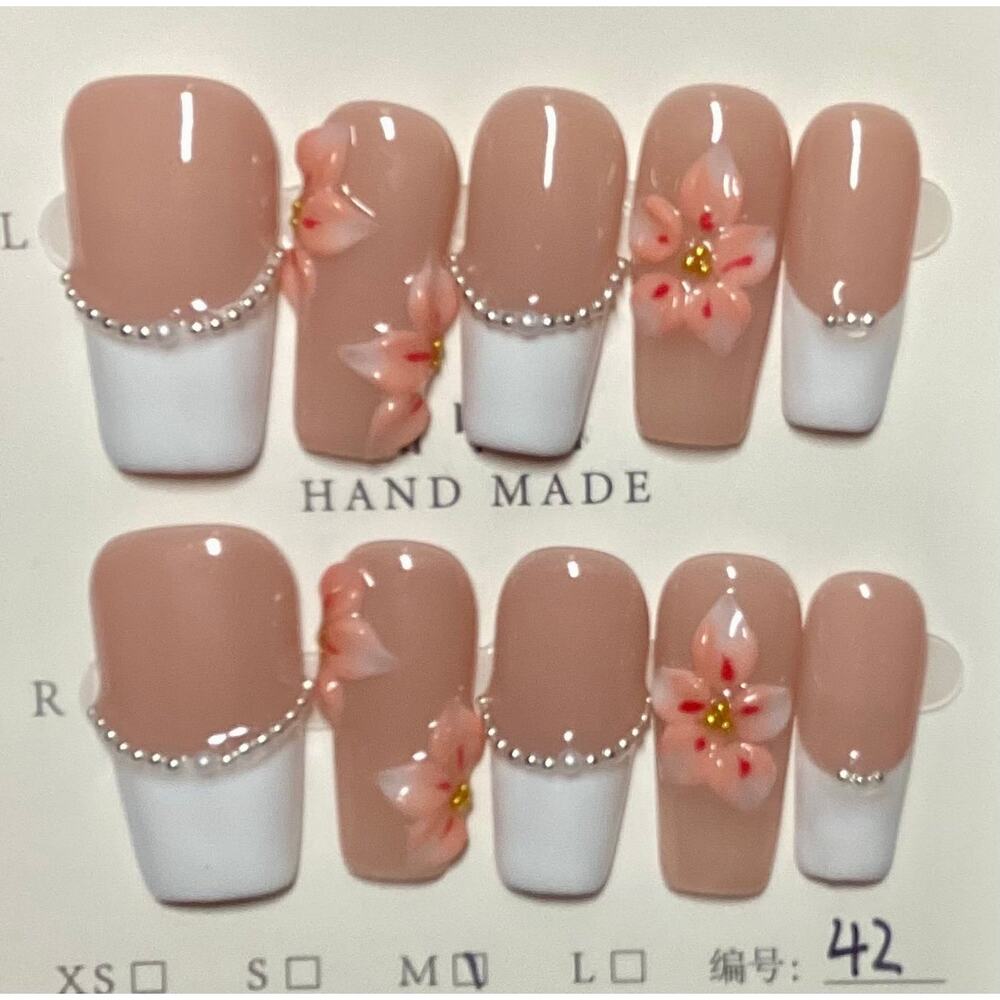 Gorgeous Pink 3D Flower French Tip Handmade Square Shape Press-On Nails Medium - Picture 2 of 5